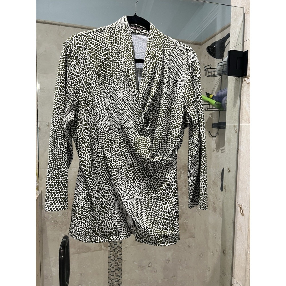 J McLaughlin Ivory Olive Green Animal Print Nylon wrap geometric shirt top Xl